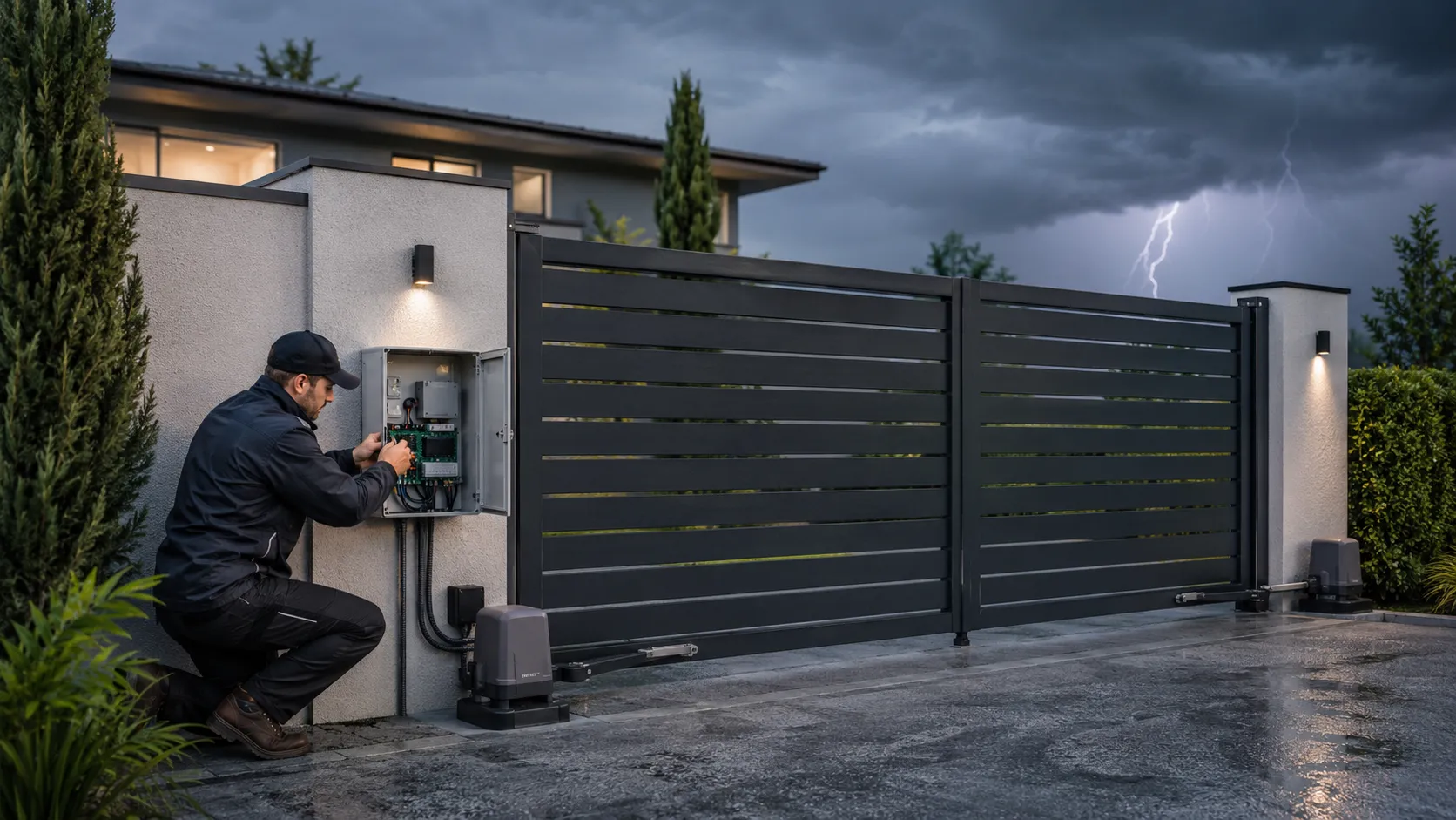 Technicien au travail sous l'orage
