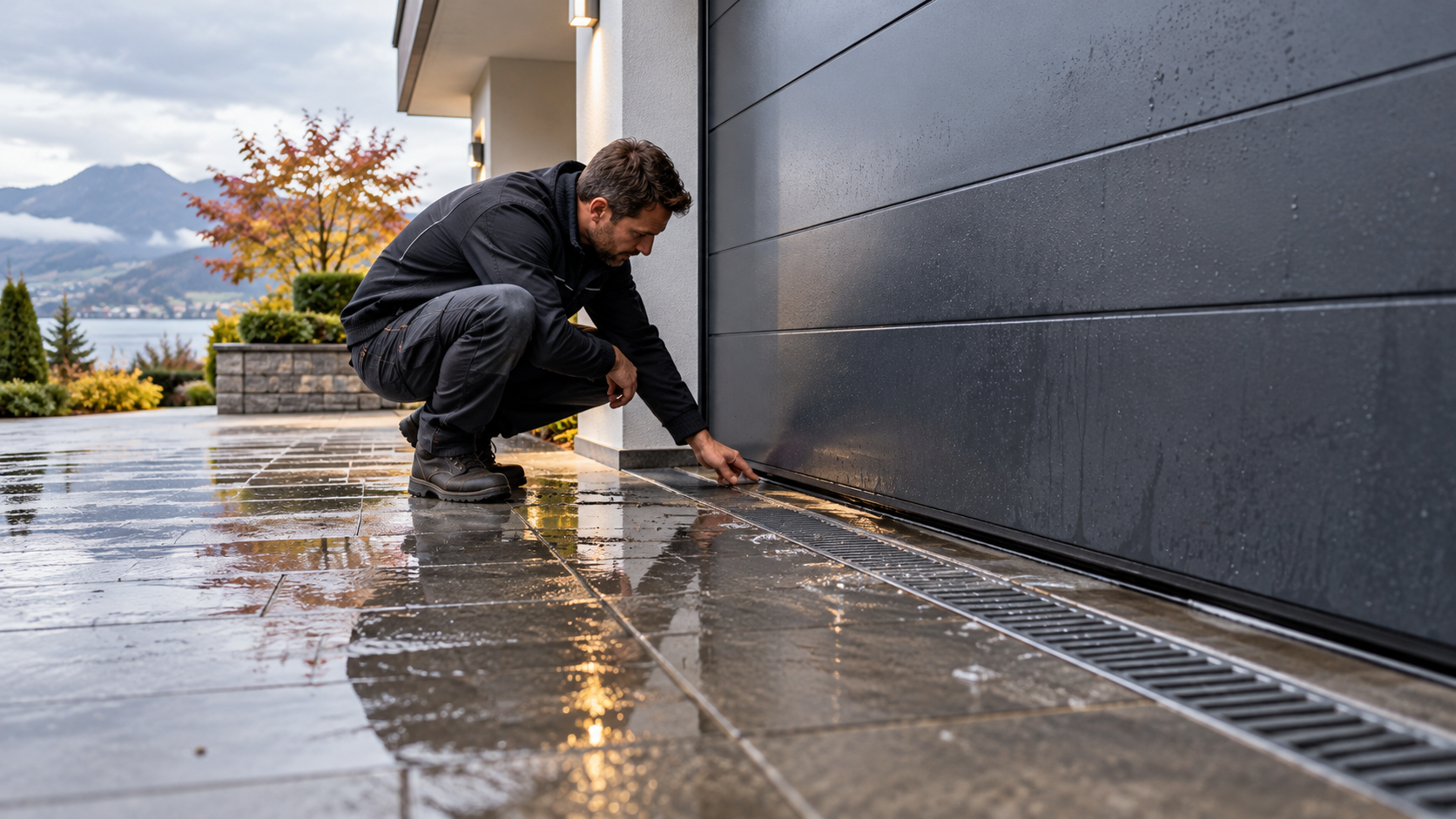 Technicien vérifiant le joint inférieur d’une porte de garage pour identifier une infiltration d’eau après la pluie.