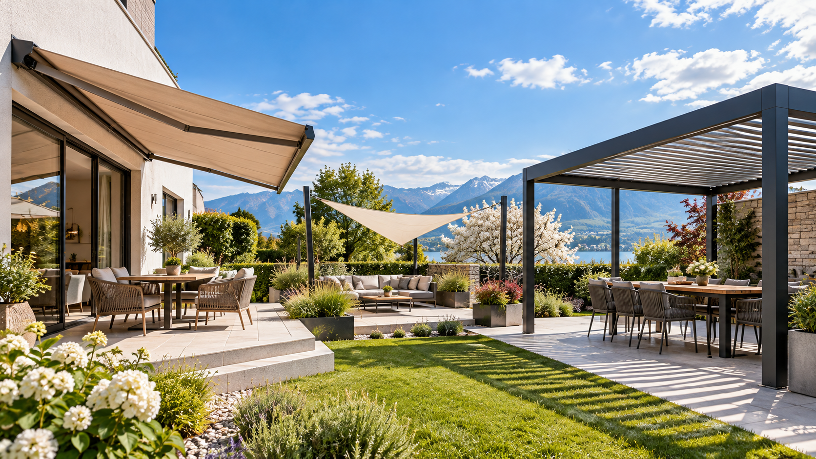 Terrasse d'une villa contemporaine suisse équipée d'une banne solaire, d'une voile d'ombrage et d'une pergola bioclimatique pour se protéger du soleil.