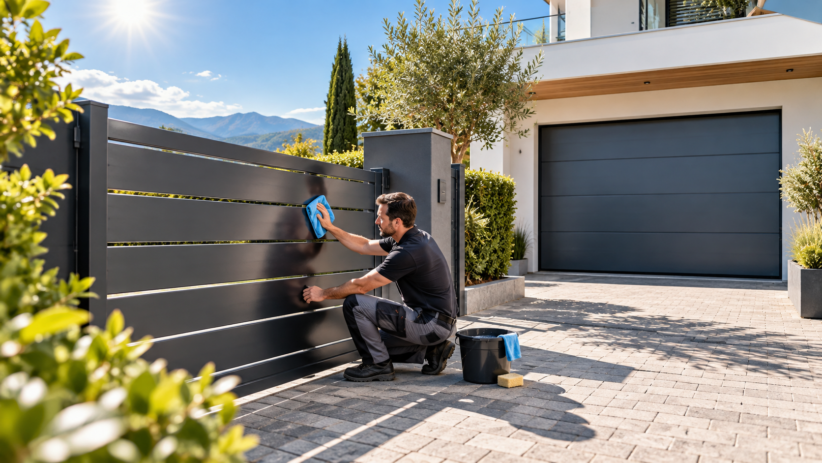 Professionnel nettoyant un portail en aluminium anthracite devant une maison moderne pour protéger ses finitions du soleil et des UV.